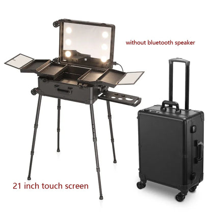 NEW Professional Rolling Cosmetic Case Beauty Makeup Trolley Suitcase LED Light Mirror Luggage Aluminum Frame Folding Table