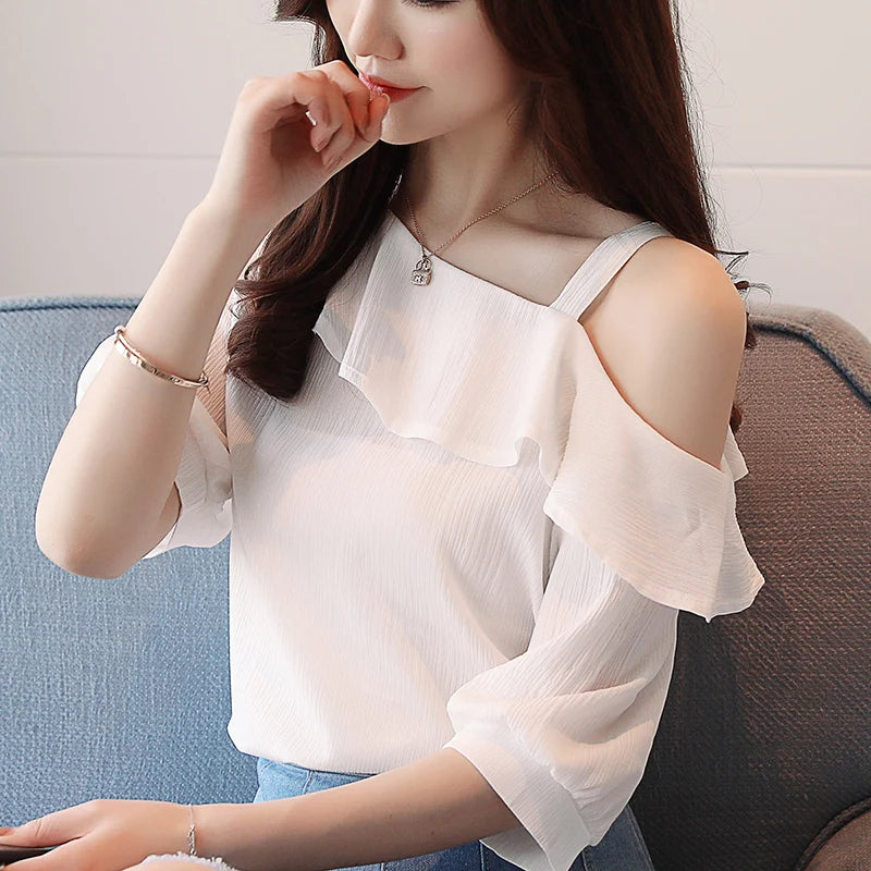 Women's Shirt Tops One-Shoulder Ruffles Short-Sleeved Chiffon Blouse