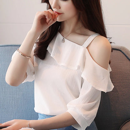 Women's Shirt Tops One-Shoulder Ruffles Short-Sleeved Chiffon Blouse