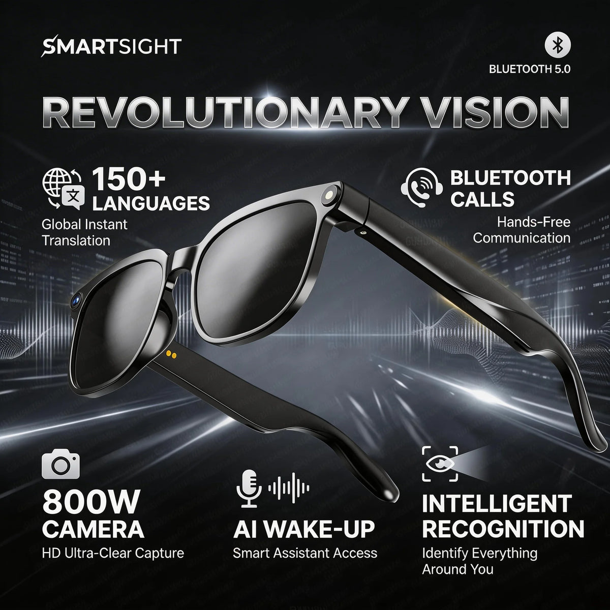 Smart Glasses with 8MP HD Camera, 4K Video, Bluetooth, and Multilingual