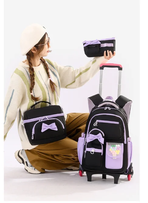 3 Pcs  School Wheele Backpack Bag Rolling Backpack for Girls Trolley Bags for Elementary Middle High School Wheeled Bookbag Girl