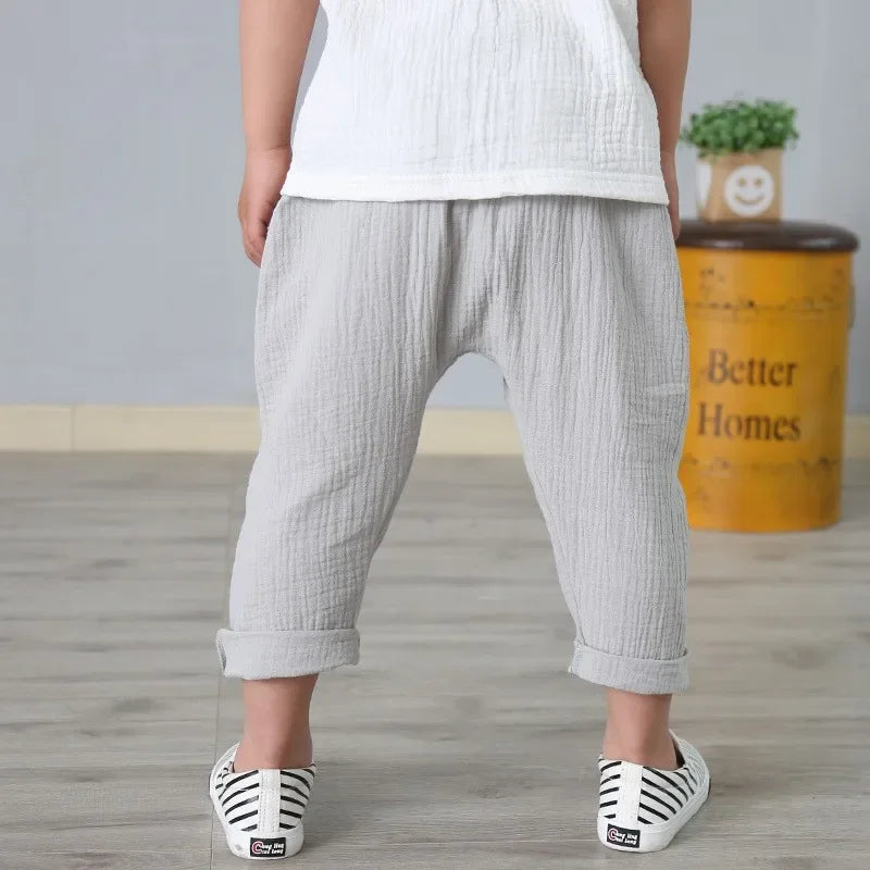 Kids Pants Boy Girl Summer Solid Color Linen Pleated Trousers Harem Pants
