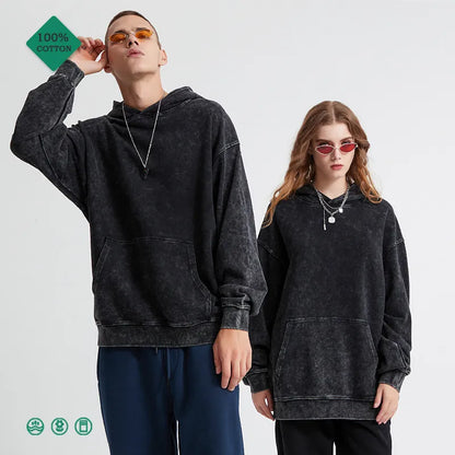 100% Cotton Men's Clothing Vintage Black Acid Wash Hoodies Men Women Oversized Hip Hop Sweatshirts Casual Pullover Y2K Clothes