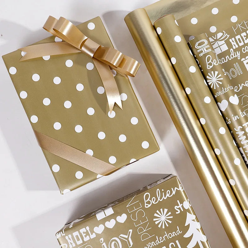 17" X 120" Wrapping Paper Roll Gold Dots Metallic Color With Snowflake Xmas Tree Gifts Pattern for Christmas Birthday Party