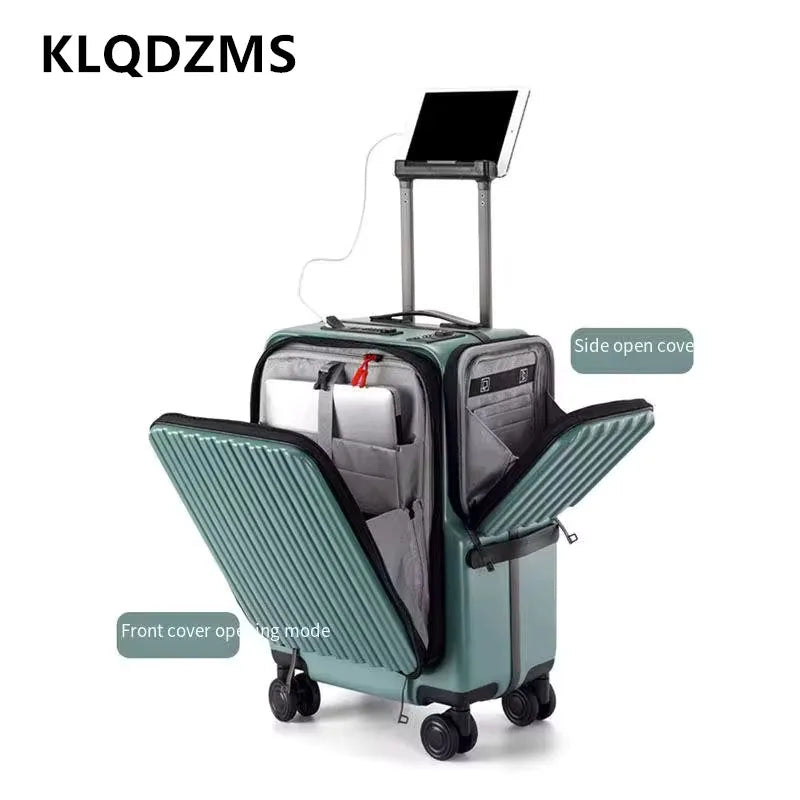 KLQDZMS Carry-On Suitcase Front Opening Laptop Boarding Case 20 Inch Charging Trolley Case Password Box Cabin Luggage