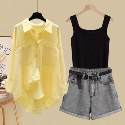 Spring/Summer Set Women's 2024 New Korean Fashion Sunscreen Shirt Casual Tank Top Slimming Denim Shorts Three Piece Set