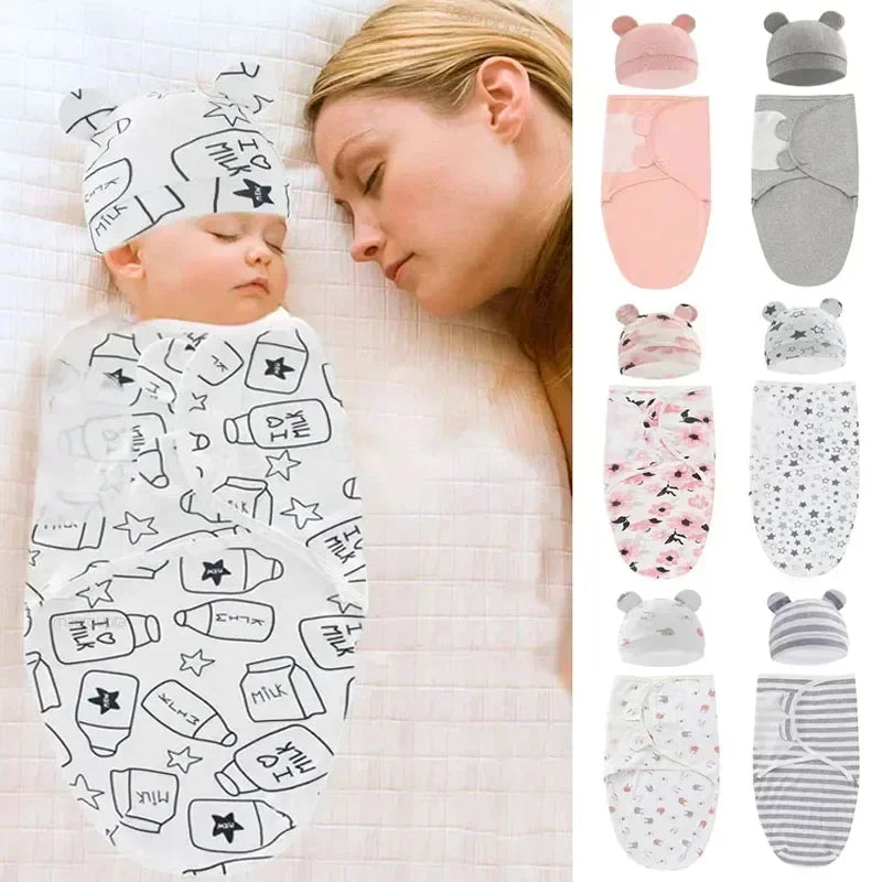 Baby Blanket Hat Set Cartoon Printed Cottono Newborn Swaddle