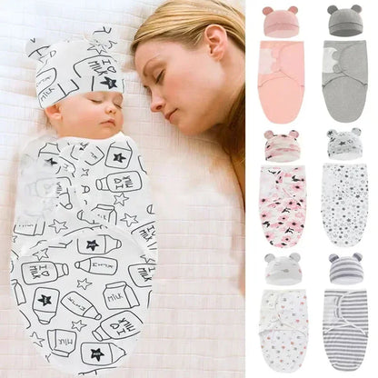 Baby Blanket Hat Set Cartoon Printed Cottono Newborn Swaddle