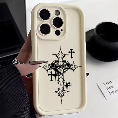 Luxury Black Cross Print Phone Case for iPhone 15 14 13 12 11 Pro Max Mini XR XS MAX 7 8 Plus SE2022 Shockproof Soft Funda Cover