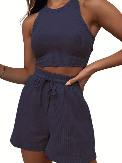 Y2k Two Piece Sets Women Vest Crop Tracksuit Tops Short Sets Beach Lace Up Elastic Waist Loose Casual Summer Set Matching Sets