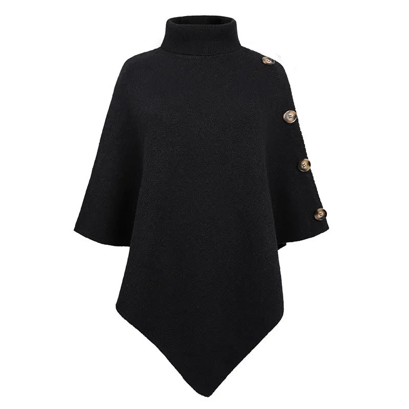 2023 Autumn Winter Button Poncho Women Sweater Oversized Turtleneck Jumper Knitwear Holiday Vintage Cape Batwing Sleeve Ponczo