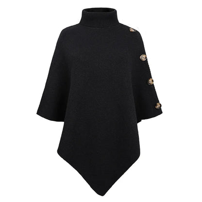 2023 Autumn Winter Button Poncho Women Sweater Oversized Turtleneck Jumper Knitwear Holiday Vintage Cape Batwing Sleeve Ponczo