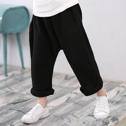 Kids Pants Boy Girl Summer Solid Color Linen Pleated Trousers Harem Pants