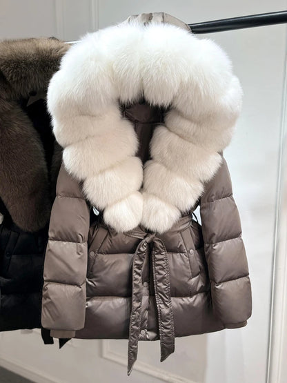 2025 New Natural Thick Warm 90% White Goose Down Coat Long Winter Jacket Women Real Big Fox Fur Collar Belt Loose Puffer Parka