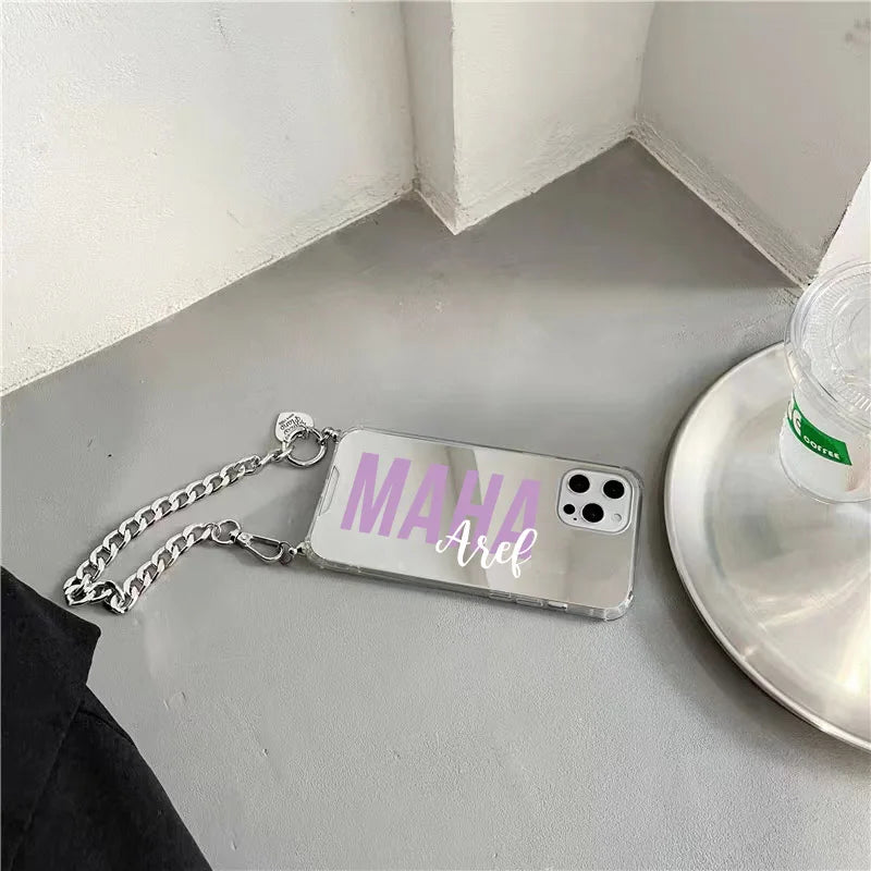 Personalisa Name Luxury Full Mirror Stap Case for Iphone 14 13 15 16 17 Pro Max 16 15 Plus Case Air Soft Shockproof Impact Cases