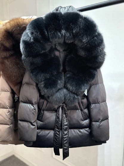 2025 New Natural Thick Warm 90% White Goose Down Coat Long Winter Jacket Women Real Big Fox Fur Collar Belt Loose Puffer Parka