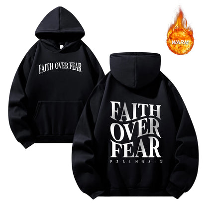 Faith Over Fear Printed Thickened Hoodies for Men Autumn and Winter Drawstring Pullover Sweatshirt Casual Commute Clothing