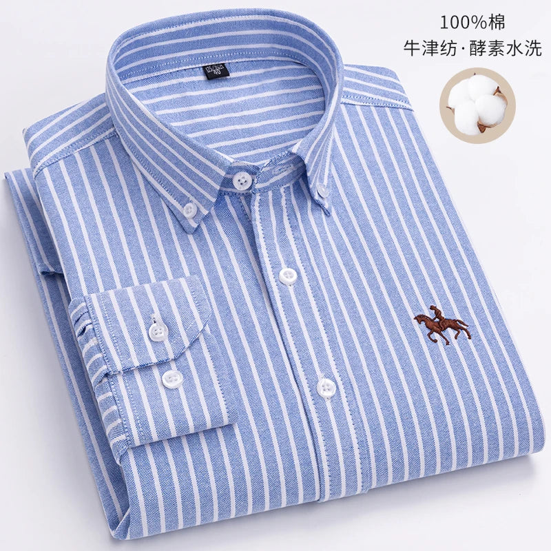 Men's Cotton Oxford Plaid Long Sleeve Casual Shirt with Pocket