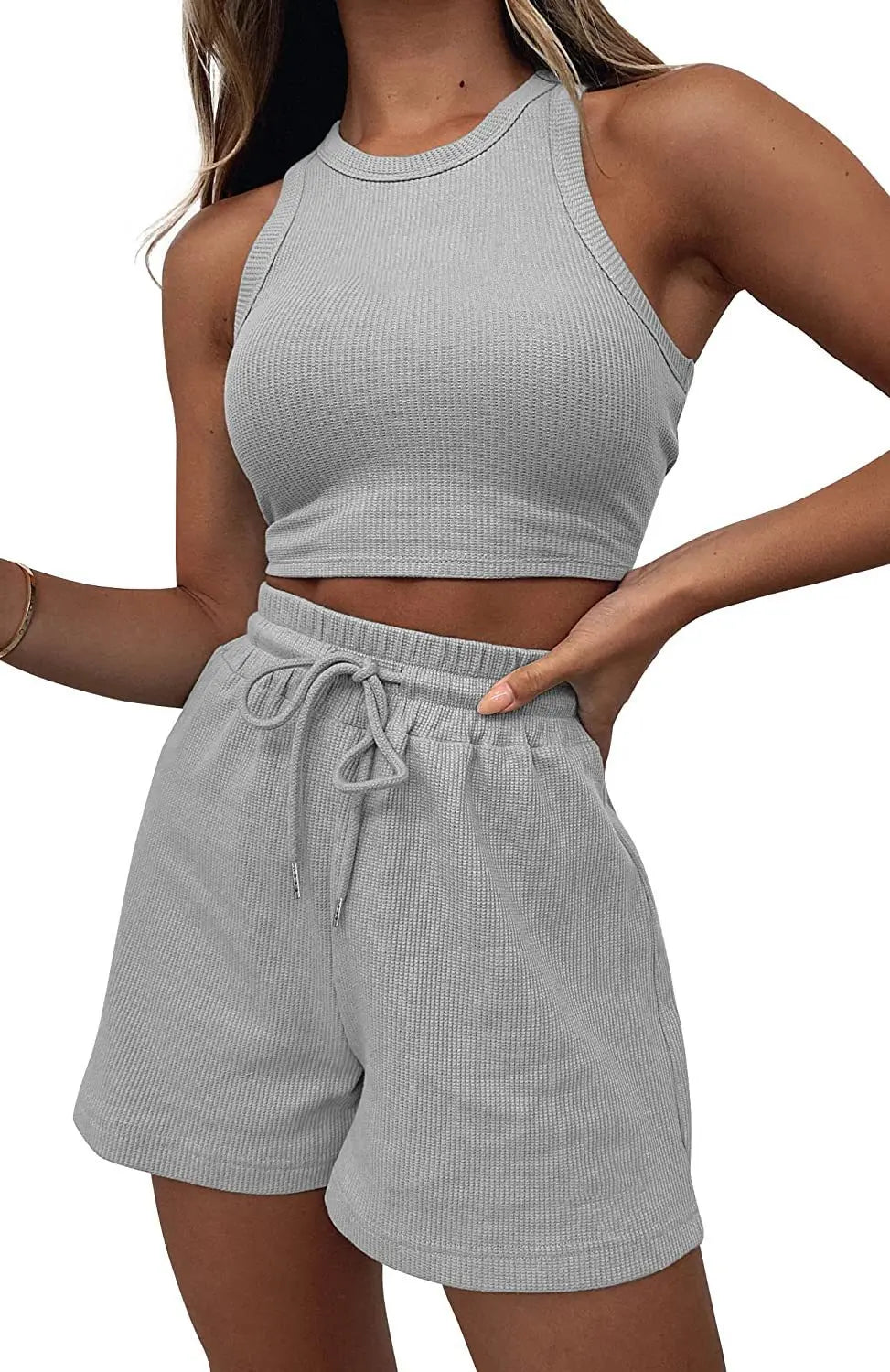 Y2k Two Piece Sets Women Vest Crop Tracksuit Tops Short Sets Beach Lace Up Elastic Waist Loose Casual Summer Set Matching Sets