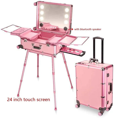 NEW Professional Rolling Cosmetic Case Beauty Makeup Trolley Suitcase LED Light Mirror Luggage Aluminum Frame Folding Table