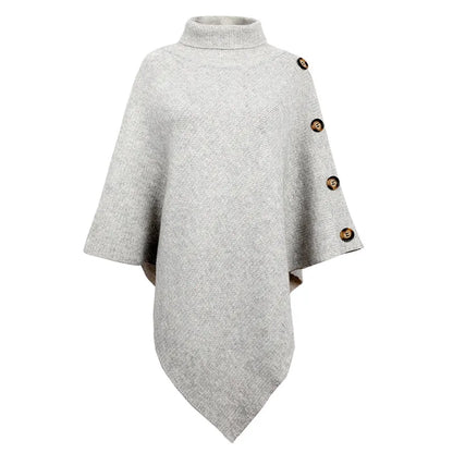 2023 Autumn Winter Button Poncho Women Sweater Oversized Turtleneck Jumper Knitwear Holiday Vintage Cape Batwing Sleeve Ponczo