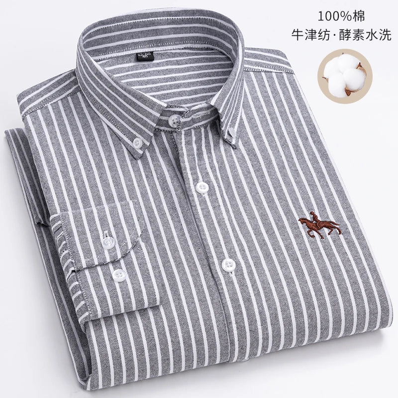 Men's Cotton Oxford Plaid Long Sleeve Casual Shirt with Pocket