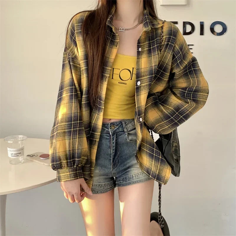 Black Flannel Shirt for Women Long Sleeve Collared Button-Up Tartan Plaid Shirt Jacket  Teen-Girl Casual Everyday Outfit
