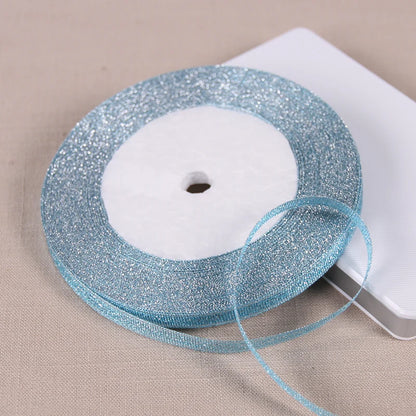 25Yards 6mm Silver Gold Glitter Silk Satin Ribbon Party Home Wedding Decoration Gift Wrapping Christmas Halloween DIY Material