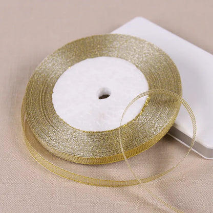 25Yards 6mm Silver Gold Glitter Silk Satin Ribbon Party Home Wedding Decoration Gift Wrapping Christmas Halloween DIY Material