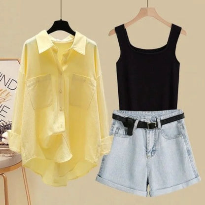 Spring/Summer Set Women's 2024 New Korean Fashion Sunscreen Shirt Casual Tank Top Slimming Denim Shorts Three Piece Set