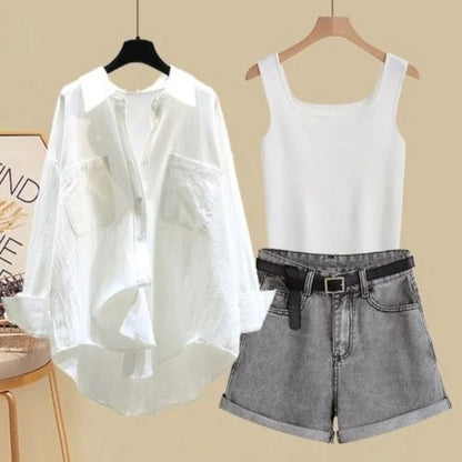 Spring/Summer Set Women's 2024 New Korean Fashion Sunscreen Shirt Casual Tank Top Slimming Denim Shorts Three Piece Set