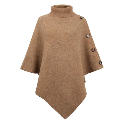 2023 Autumn Winter Button Poncho Women Sweater Oversized Turtleneck Jumper Knitwear Holiday Vintage Cape Batwing Sleeve Ponczo