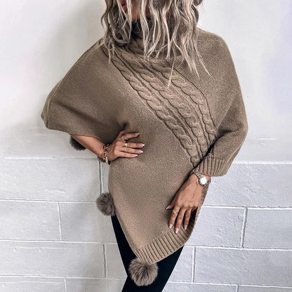 2023 Autumn Button Poncho Women Turtleneck Sweater Winter Oversized Jumper Knitwear Holiday Vintage Cape Batwing Sleeve Ponczo