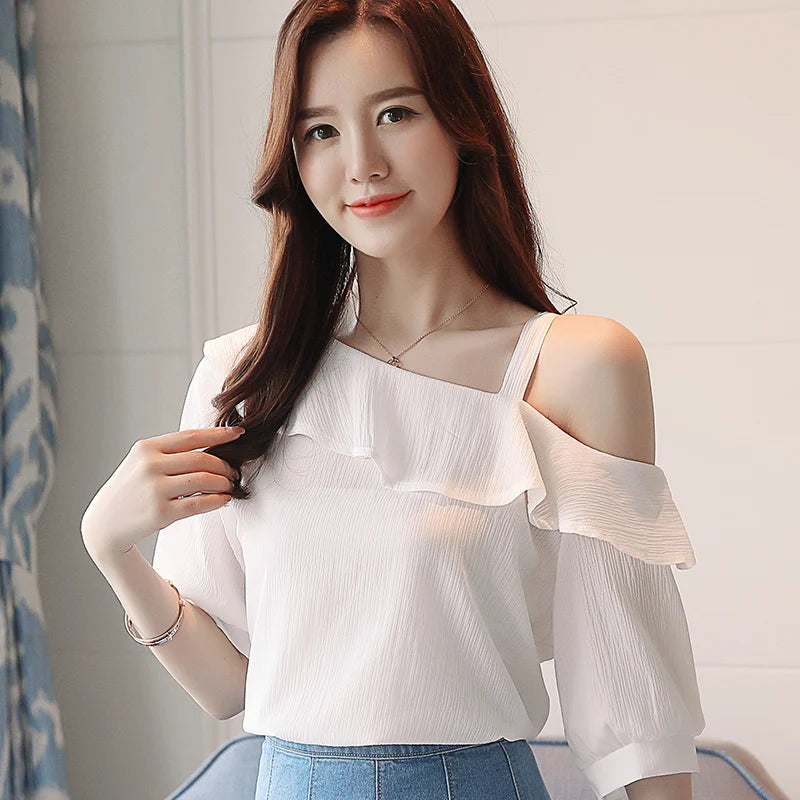 Women's Shirt Tops One-Shoulder Ruffles Short-Sleeved Chiffon Blouse