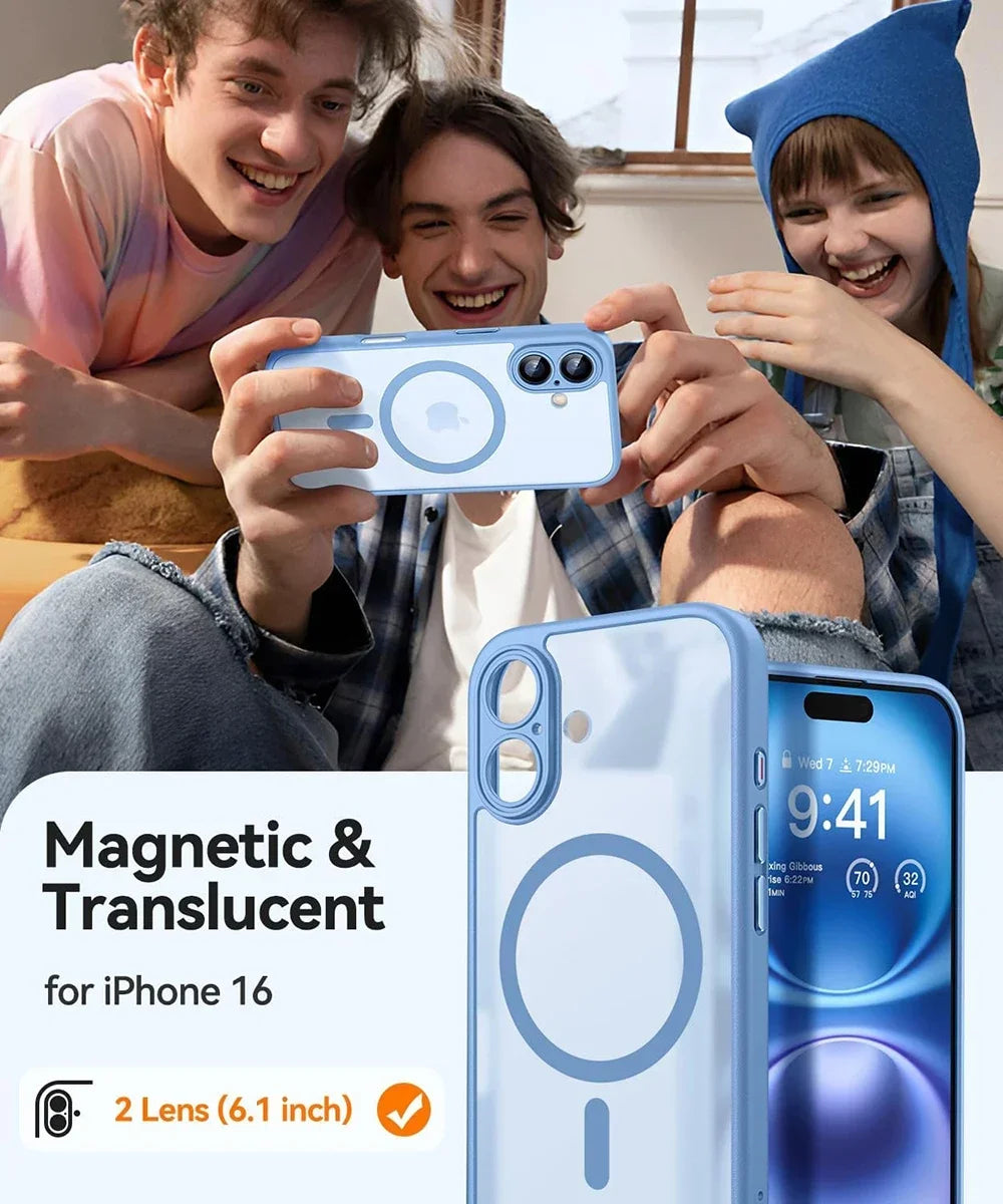 Magnetic Translucent Armor Shockproof Case for iPhone 17 16 15 14 13 12 11 18 Pro Max Plus for Magsafe Wireless Charge Cover