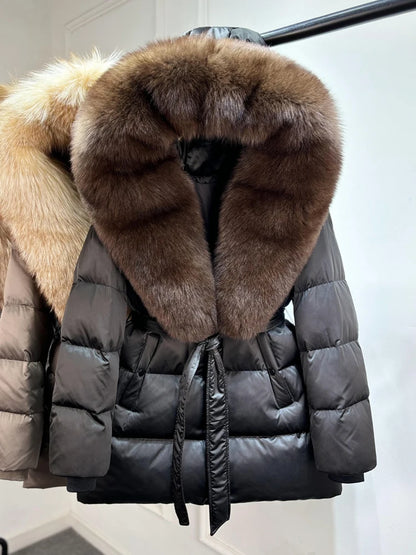 2025 New Natural Thick Warm 90% White Goose Down Coat Long Winter Jacket Women Real Big Fox Fur Collar Belt Loose Puffer Parka