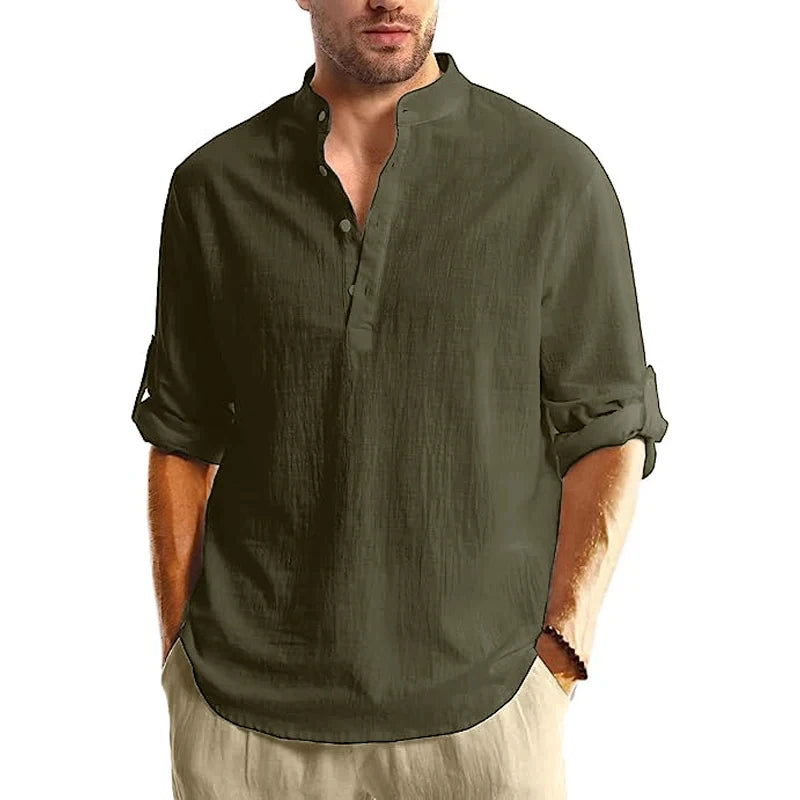 Men's Cotton Long Sleeve Henley Shirt Stand Collar Button Closure