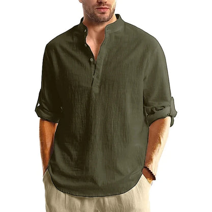 Men's Cotton Long Sleeve Henley Shirt Stand Collar Button Closure