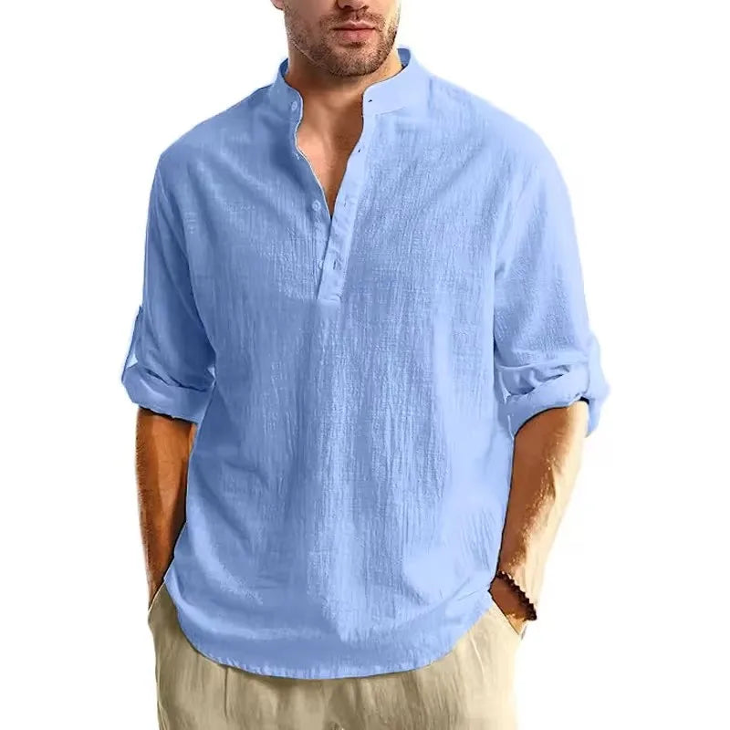 Men's Cotton Long Sleeve Henley Shirt Stand Collar Button Closure