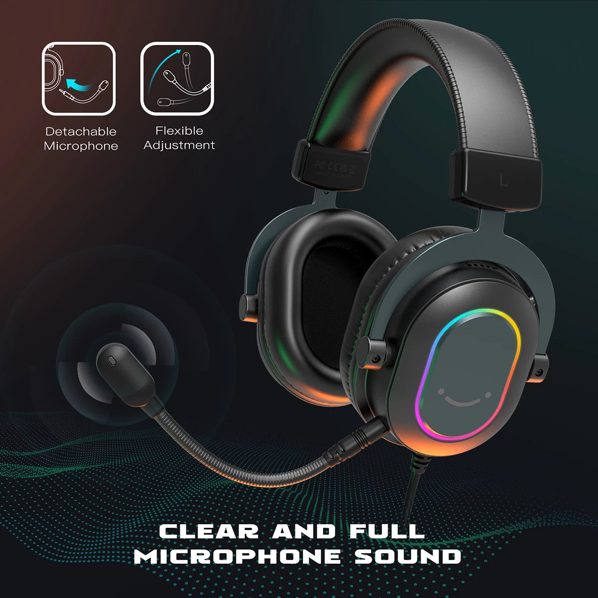 Fifine Dynamic RGB Gaming Headset With Mic Over-Ear Headphones 7.1 Surround Sound PC PS4 PS5 3 EQ Options Game Movie Music