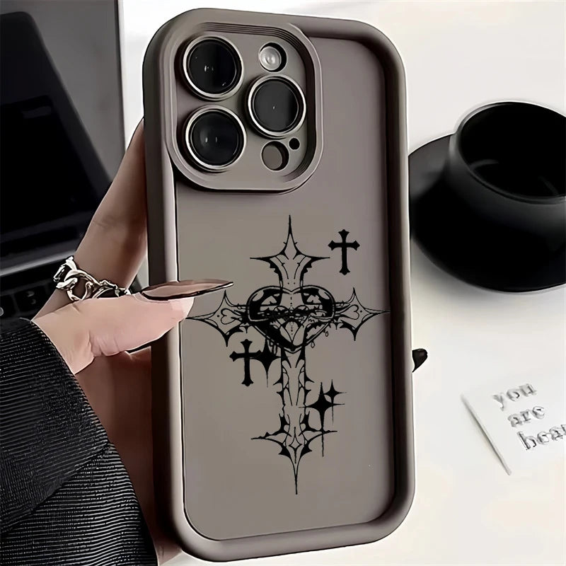Luxury Black Cross Print Phone Case for iPhone 15 14 13 12 11 Pro Max Mini XR XS MAX 7 8 Plus SE2022 Shockproof Soft Funda Cover