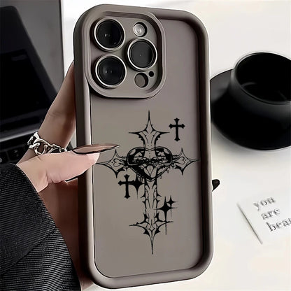 Luxury Black Cross Print Phone Case for iPhone 15 14 13 12 11 Pro Max Mini XR XS MAX 7 8 Plus SE2022 Shockproof Soft Funda Cover