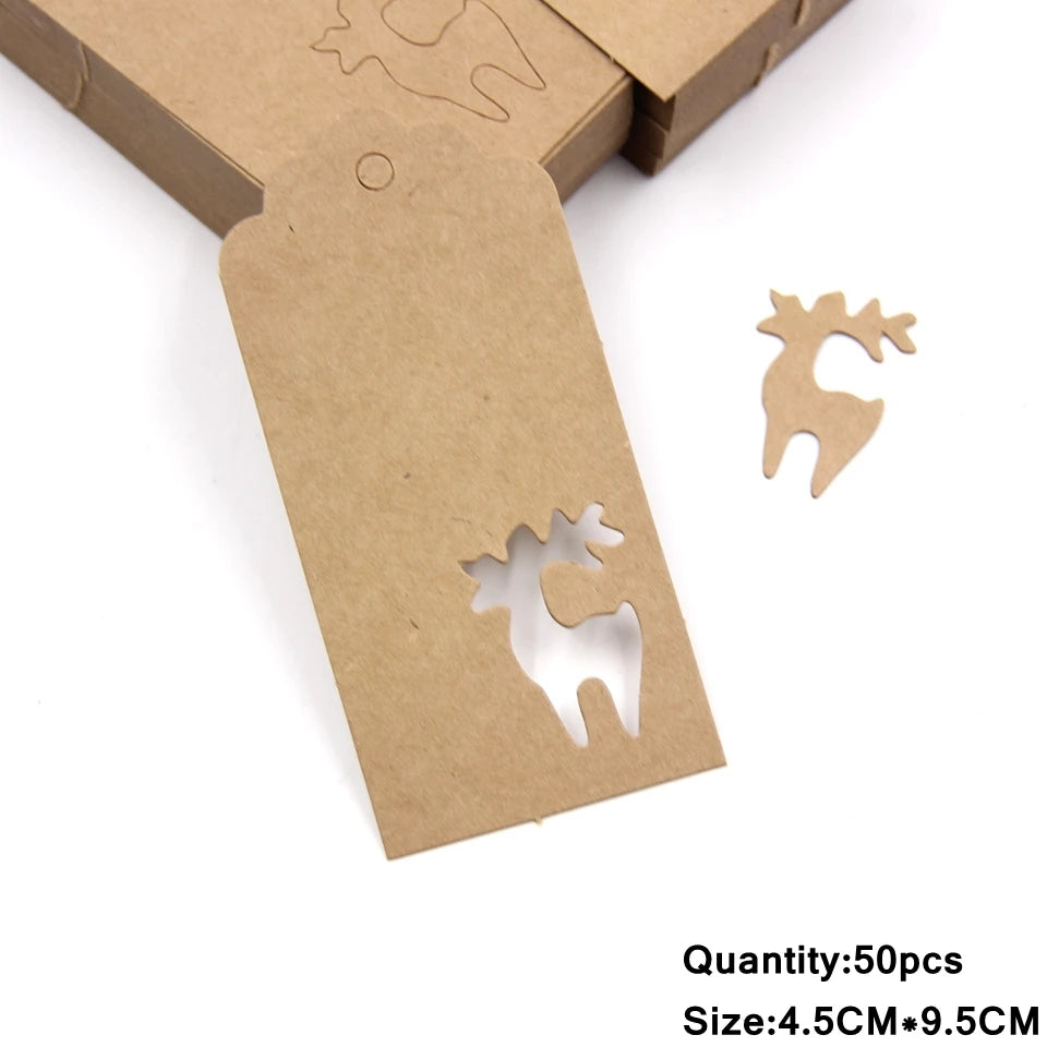 50PCS Chrismtas Kraft Paper Tags Hollow Red White Natural Snowflake/Deer Crafts Hanging Tag Christmas DIY Gift Wrapping Suppl