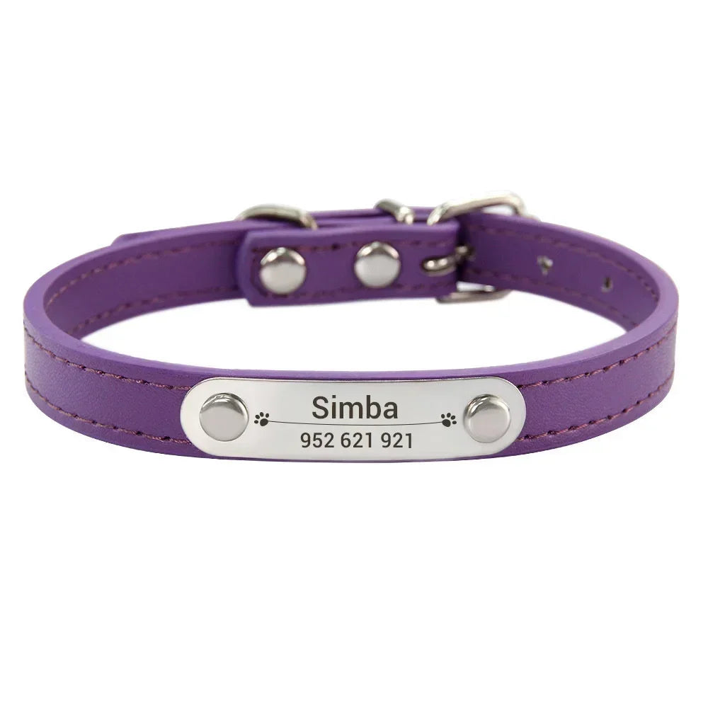 Personalized Dog Collar Name Carved ID Anti-Lost Solid PU Leather Collar for Small Medium Large Dogs Puppy Cat Pet Supplies Pink