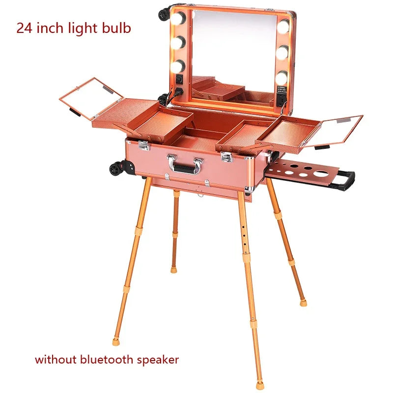 NEW Professional Rolling Cosmetic Case Beauty Makeup Trolley Suitcase LED Light Mirror Luggage Aluminum Frame Folding Table