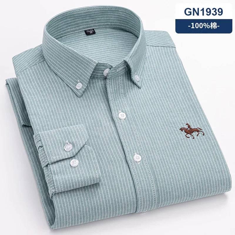 Men's Cotton Oxford Plaid Long Sleeve Casual Shirt with Pocket