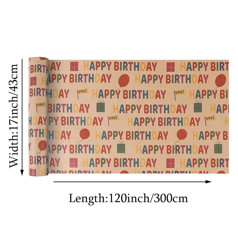1 Roll 17 Inch X 120 Inch Birthday Wrapping Paper, Gift Wrapping Paper Roll, Kraft Wrapping Paper