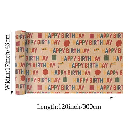 1 Roll 17 Inch X 120 Inch Birthday Wrapping Paper, Gift Wrapping Paper Roll, Kraft Wrapping Paper