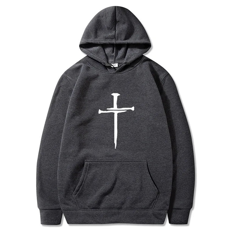 Men's Cross Graphic Hoodie - Black Casual Pullover Sweatshirt With Religious Symbol Print, Fashion Streetwear for Autumn/Winter