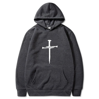 Men's Cross Graphic Hoodie - Black Casual Pullover Sweatshirt With Religious Symbol Print, Fashion Streetwear for Autumn/Winter